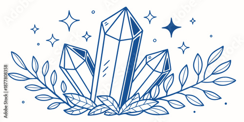 Blue crystal cluster with sparkles and leaves