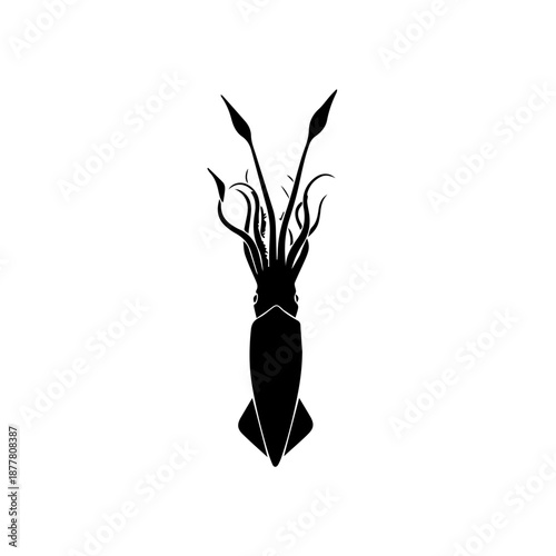 Black silhouette of a squid with tentacles reaching upwards on a white background.