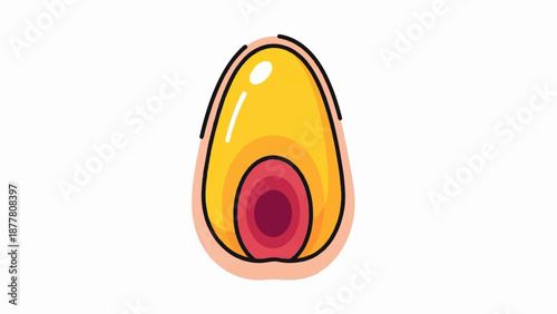 A stylized, cartoonish representation of a glowing, layered object with warm colors and a highlight