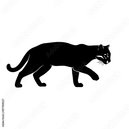 A sleek black silhouette of a cougar or panther walking gracefully, depicted from a side profile against a plain white background.