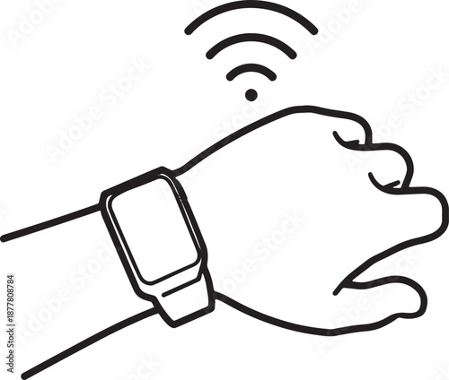 Black and white outline of a hand wearing a smartwatch with Wi- Fi signal waves emanating from it