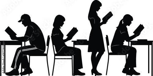 Student silhouette collection of people reading books while sitting at desks and standing for education library learning and academic study isolated on white background.