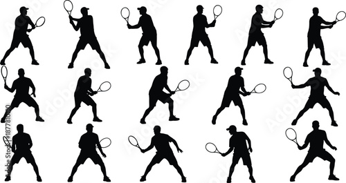 Tennis player silhouette collection of athletic men hitting forehand backhand and serving ball during match competition isolated on white background for sports design projects.