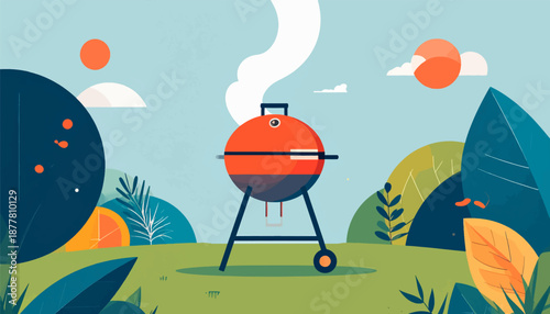 A vibrant outdoor scene features a red barbecue grill, lush foliage, and a bright sun