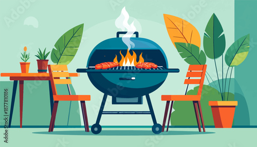 A vibrant outdoor scene features a blue grill with sizzling sausages, flanked by orange chairs and potted plants