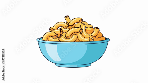 A vibrant cartoon illustration of a blue bowl overflowing with golden macaroni and cheese