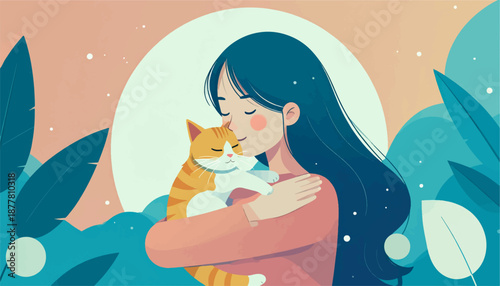 A tender embrace between a person and their feline companion, surrounded by stylized flora