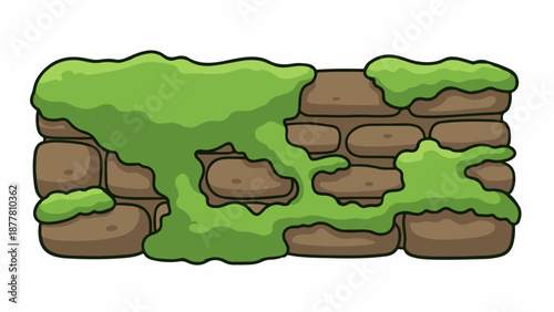 A textured, brown stone wall is partially covered by vibrant green, stylized moss