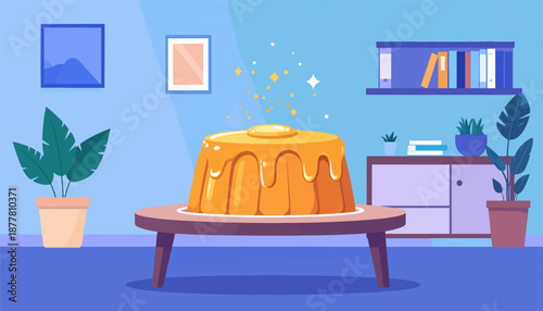 A vibrant cartoon illustration of a delicious jelly dessert on a table