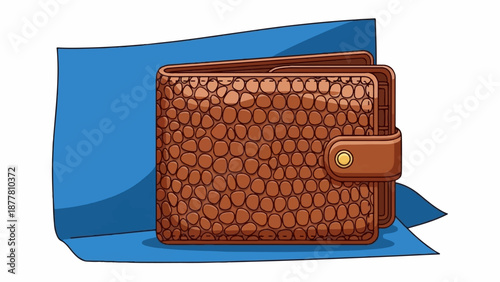 A textured brown wallet with a golden snap closure rests on a blue surface