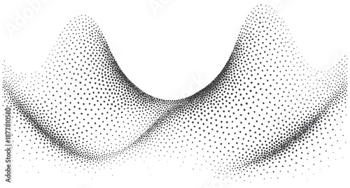  A striking black-and-white halftone artwork featuring sweeping mountain-like waves created from dotted textures. Modern, abstract, and highly graphic