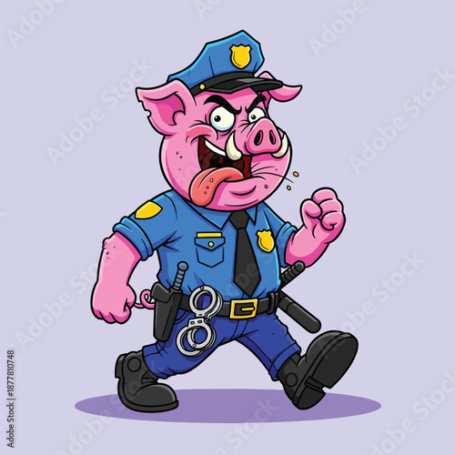 Pig Police Officer Running with Tongue Out.