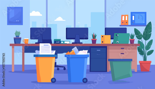 A tidy, modern office space with plants, computers, and recycling bins