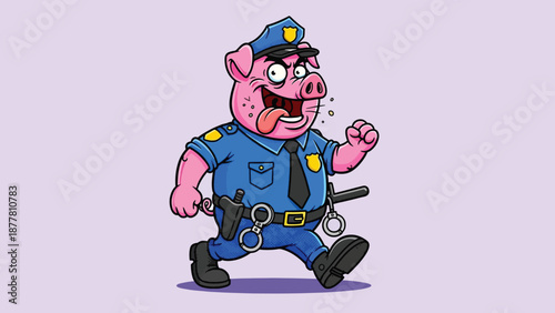 Cartoon Pig Police Officer Running with Tongue Out.