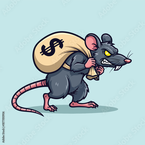 Cartoon Rat Thief Carrying Bag of Money.