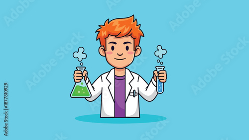 Cartoon Scientist Holding Test Tubes with Bubbles.