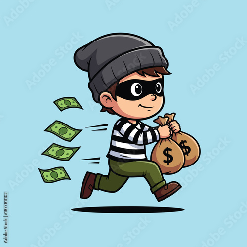 Cartoon Thief Running with Money Bags and Falling Bills 1.