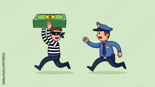Cartoon Thief Running with Money While Police Officer Chases.
