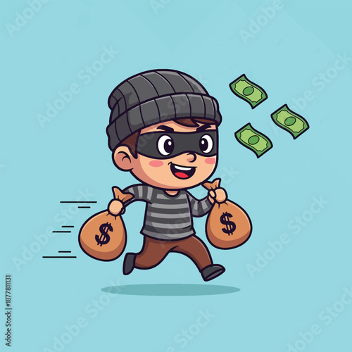 Cartoon Thief Running with Money Bags and Flying Bills.