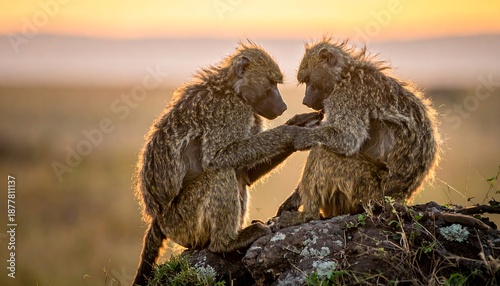Two Baboons Grooming Each Other in the African Savannah.