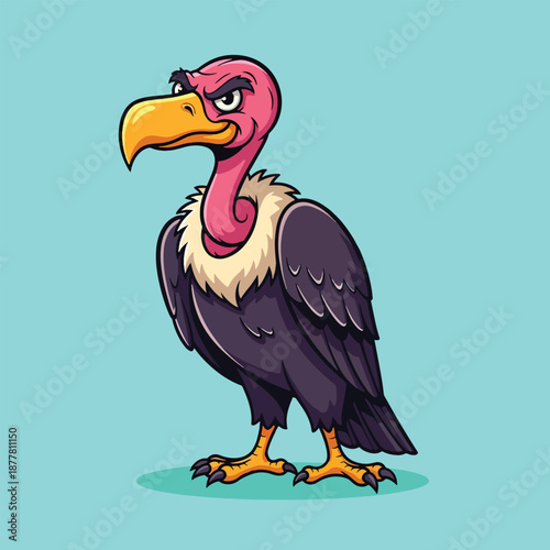 Cartoon Vulture Bird Standing on a Light Blue Background.