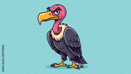 Cartoon Vulture Bird Standing Isolated on Blue Background.