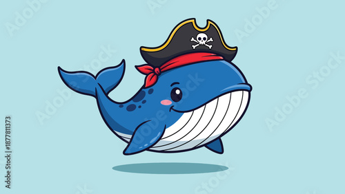 Cute Blue Whale Pirate Cartoon Character.
