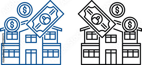 Real Estate and Property Management Icon set. Home, Housing, Investment and Mortgage Symbols. Property for sale, land plot zoning, and building construction concepts.