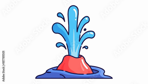 A stylized illustration of a water fountain erupting from a red cone shape