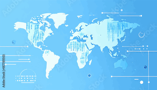 A stylized world map rendered in cool blues with digital grid textures overlaying continents