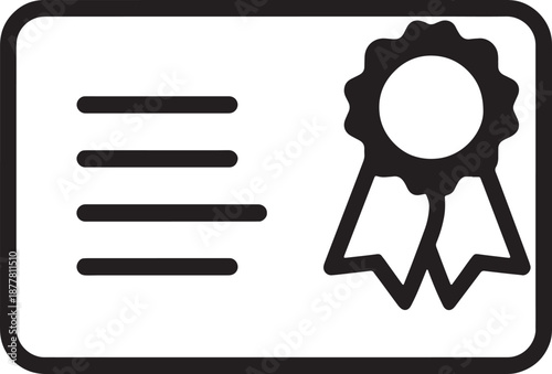 Simple Black and White Icon of a Certificate with a Ribbon and Lines Keywords: certificate, award, ribbon, diploma, document, seal, badge, icon, symbol, recognition, achievement, success, honor
