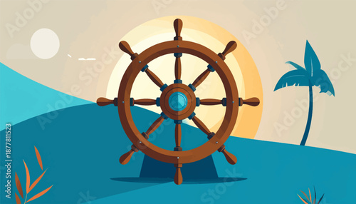 A stylized wooden ship's wheel sits in the foreground against a backdrop of a sun, palm tree, and ocean waves