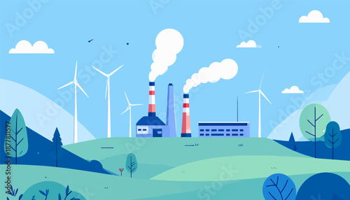 A stylized, flat illustration depicts a landscape with wind turbines and industrial smokestacks