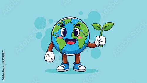 Cute cartoon earth character holding a green sprout.