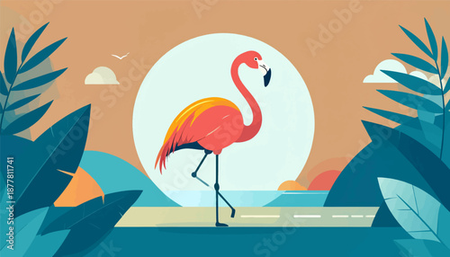 A stylized pink flamingo stands on a beach against a bright circular backdrop