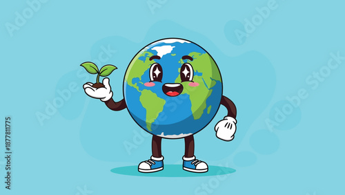 Cute Cartoon Earth Character Holding a Sprout.
