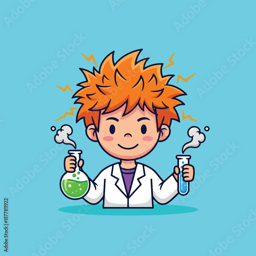 Cute Cartoon Scientist Boy Holding Beakers with Bubbling Liquids.
