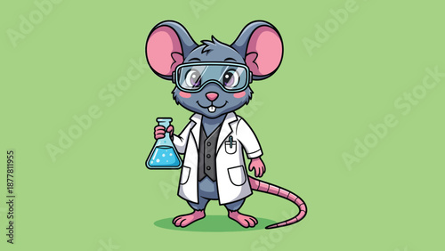 Cute cartoon scientist mouse holding a flask in a lab coat.