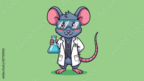 Cute cartoon scientist mouse holding a flask.