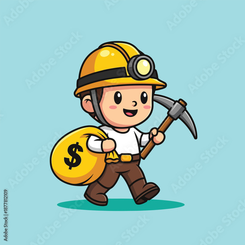 Cute Miner Character Holding Money Bag and Pickaxe.
