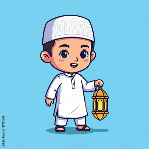 Cute Muslim Boy Holding Lantern Cartoon Vector.