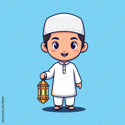 Cute Muslim Boy Holding Ramadan Lantern Cartoon Illustration.