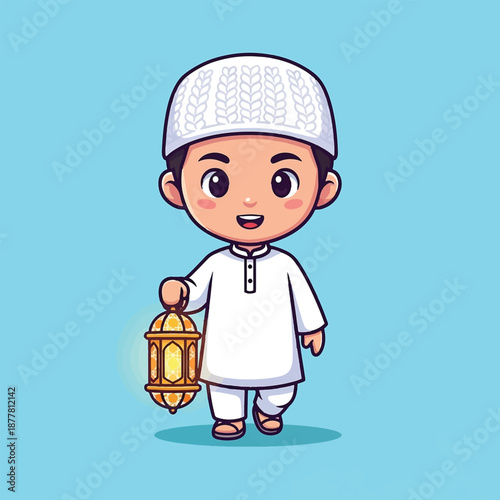 Cute Muslim Boy Holding Ramadan Lantern Cartoon.
