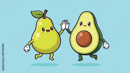 Cute Pear and Avocado High Five Cartoon.