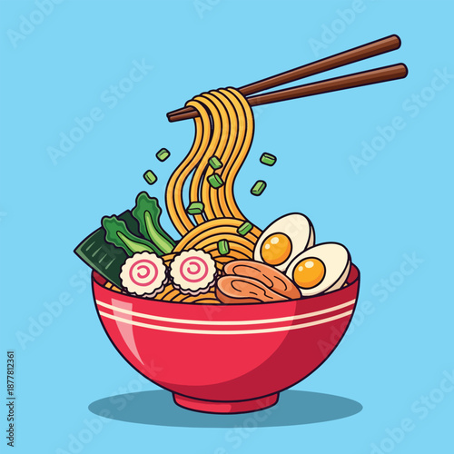 Delicious Ramen Bowl with Chopsticks and Eggs.