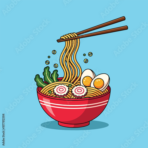 Delicious Ramen Noodles Bowl with Chopsticks and Eggs.