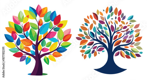 Set of two artistic tree illustrations with vibrant, multi-colored leaves. Modern vector designs symbolizing growth, diversity, and the tree of life for creative branding and decor