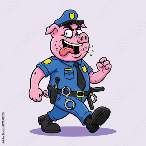 Funny Cartoon Pig Police Officer Walking with Tongue Out.