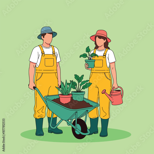 Gardening Couple with Wheelbarrow and Plants.