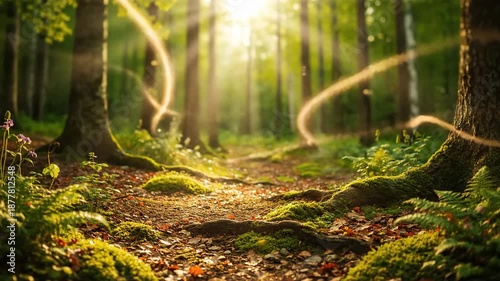Magical forest scene with sun rays, green moss, sunlight, pathway, and trees creating nature wonderland in fantasy woodland
